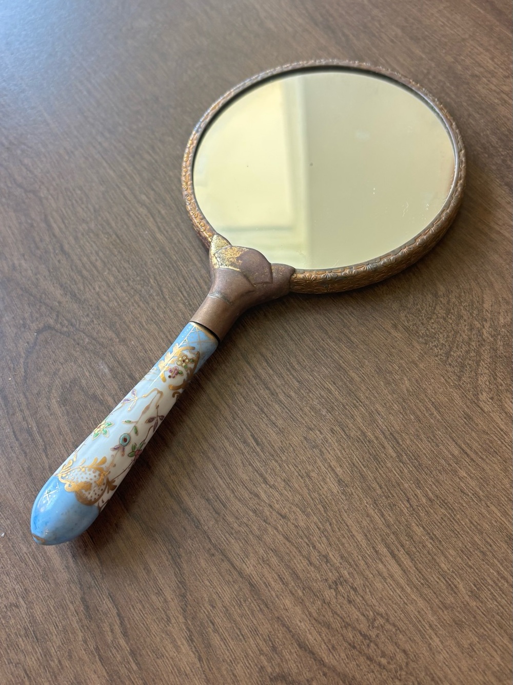 Vintage Hand Mirror with Blue Floral Porcelain Handle